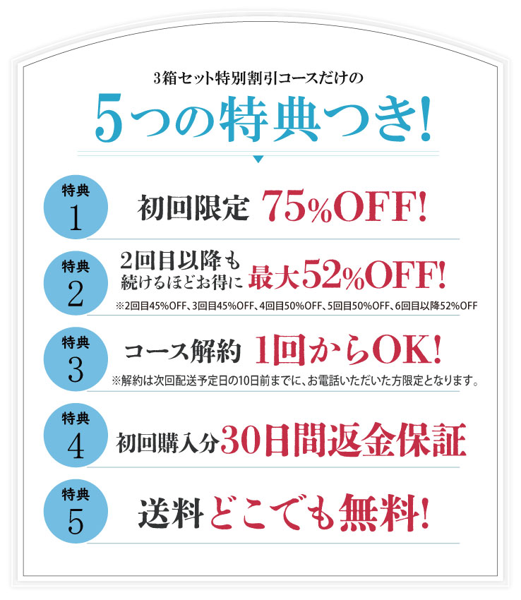 5つの特典、75％OFF、52％OFF、解約簡単、３０日間返金保証、定期特典・送料無料・割引などの特典説明画像